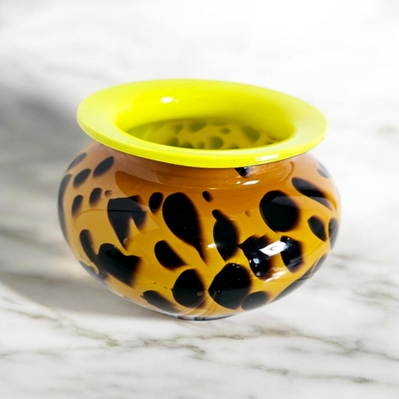 None Other - Hand Blown Art Glass Amber Leopard Tortoise Shell Vase Yellow Interior Decor